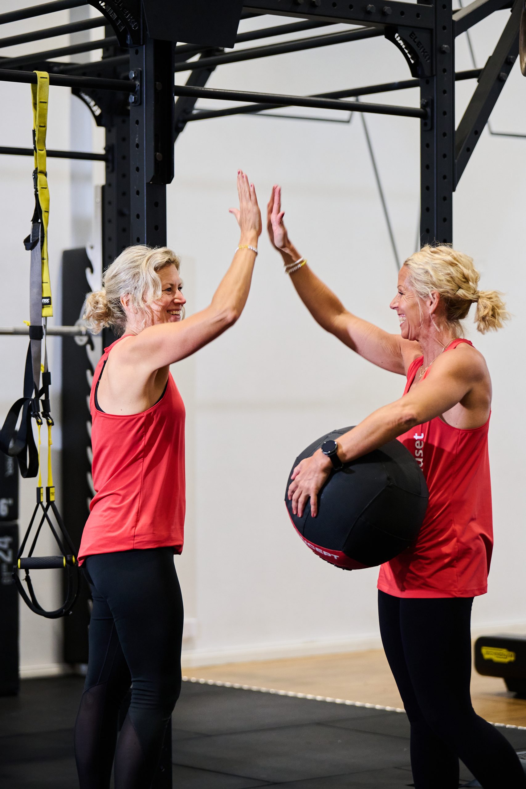 Two trainers high-five in a gym, with one holding a medicine ball.